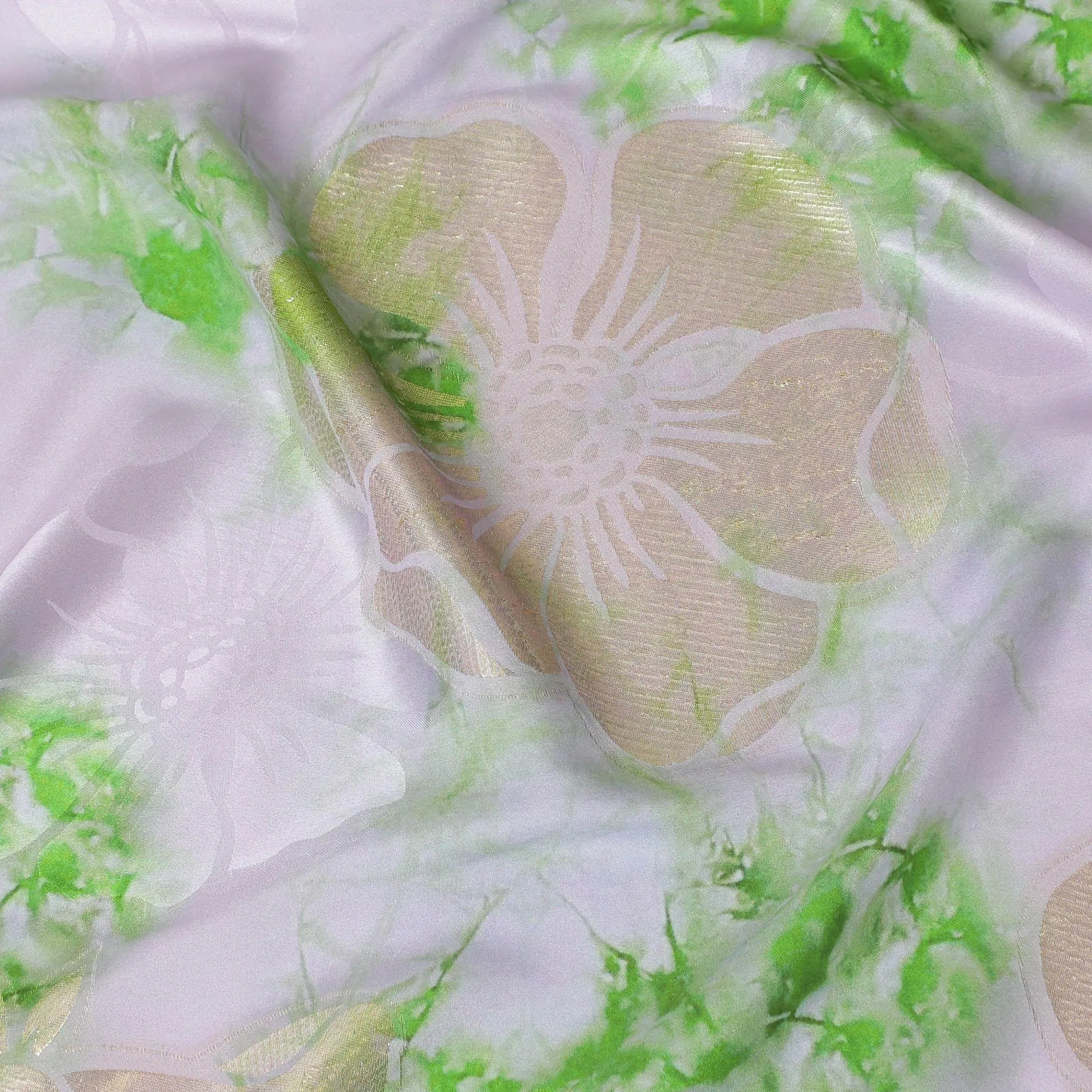 Light lilac premium pure silk crepe fabric with same tone jacquard having lime green print and gold metallic lurex in floral design-D15719