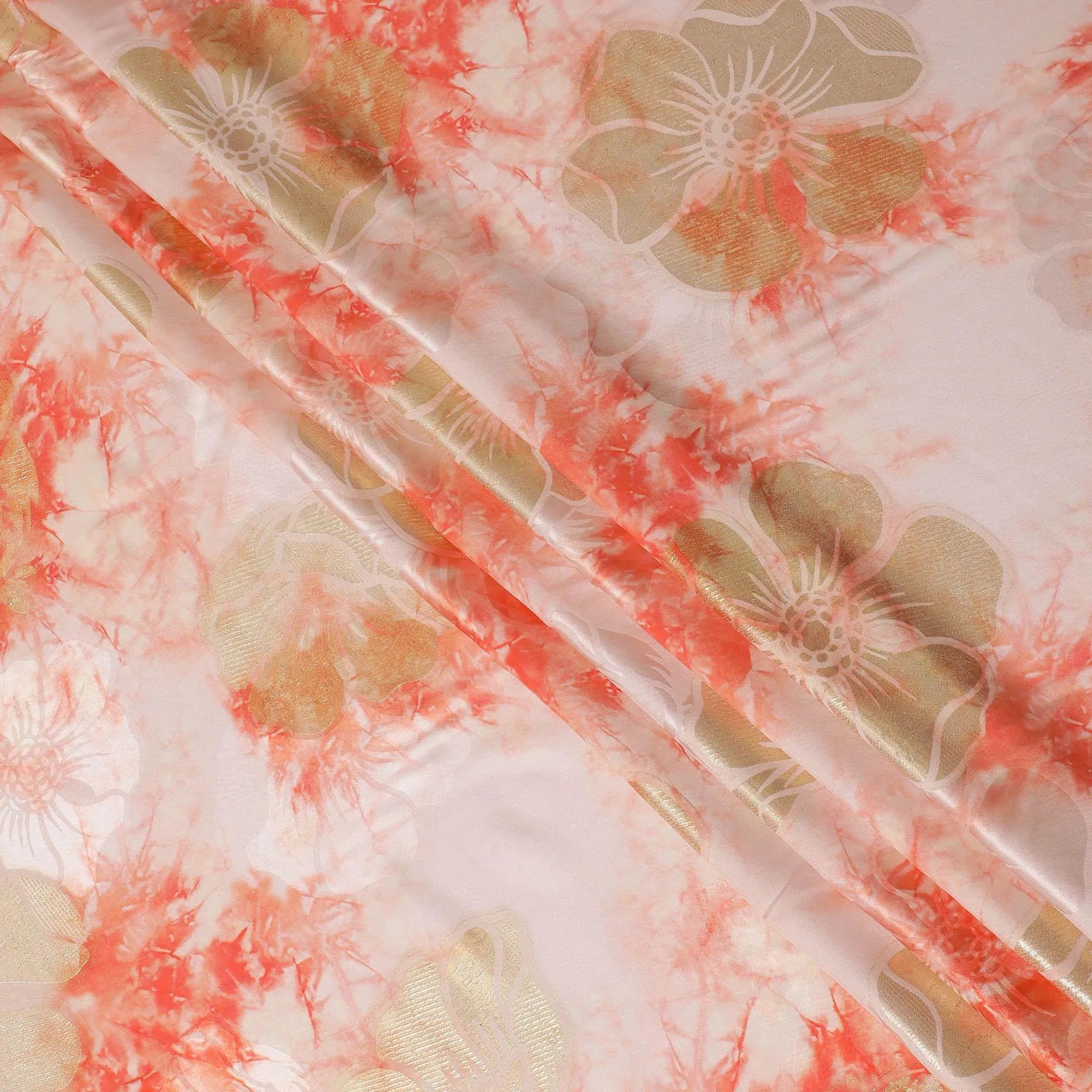 Light peach Premium pure silk crepe fabric with same tone jacquard having peach print and gold metallic lurex in floral design-D15720