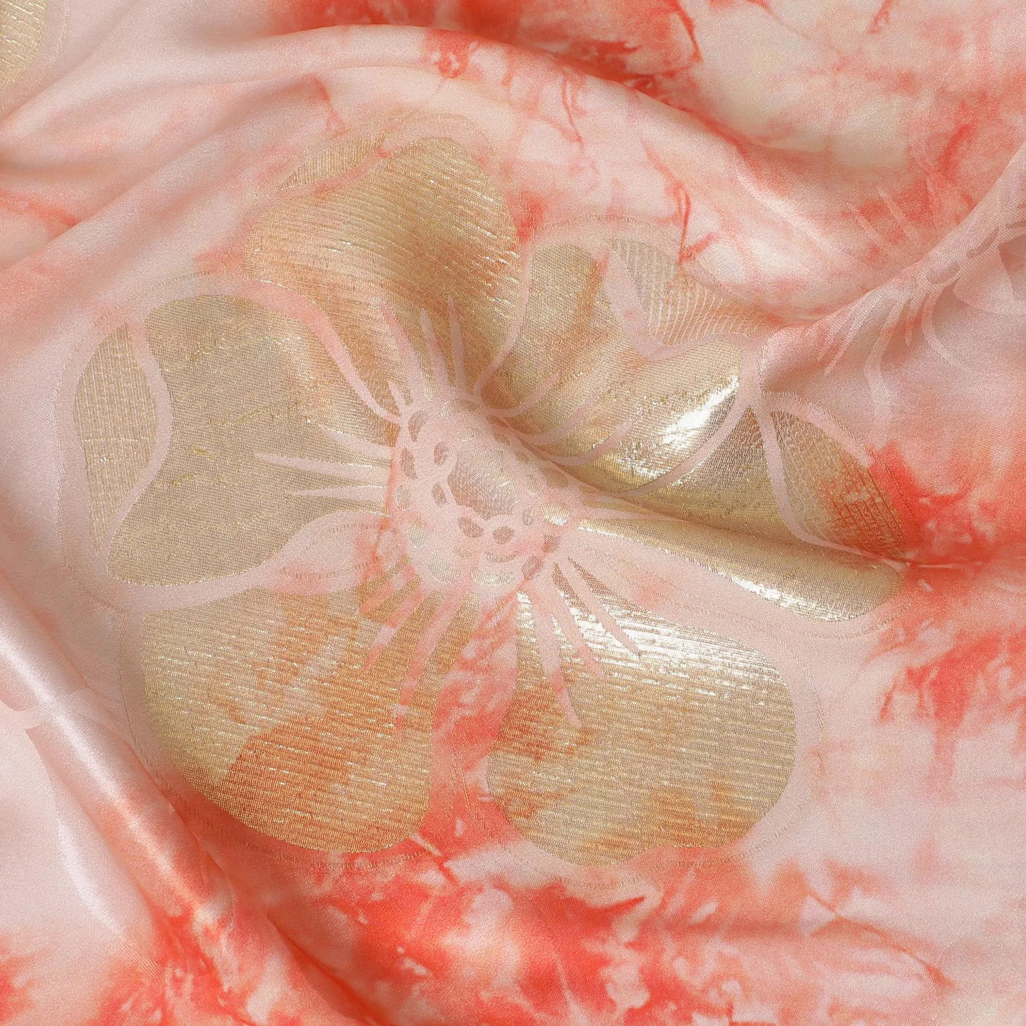 Light peach Premium pure silk crepe fabric with same tone jacquard having peach print and gold metallic lurex in floral design-D15720