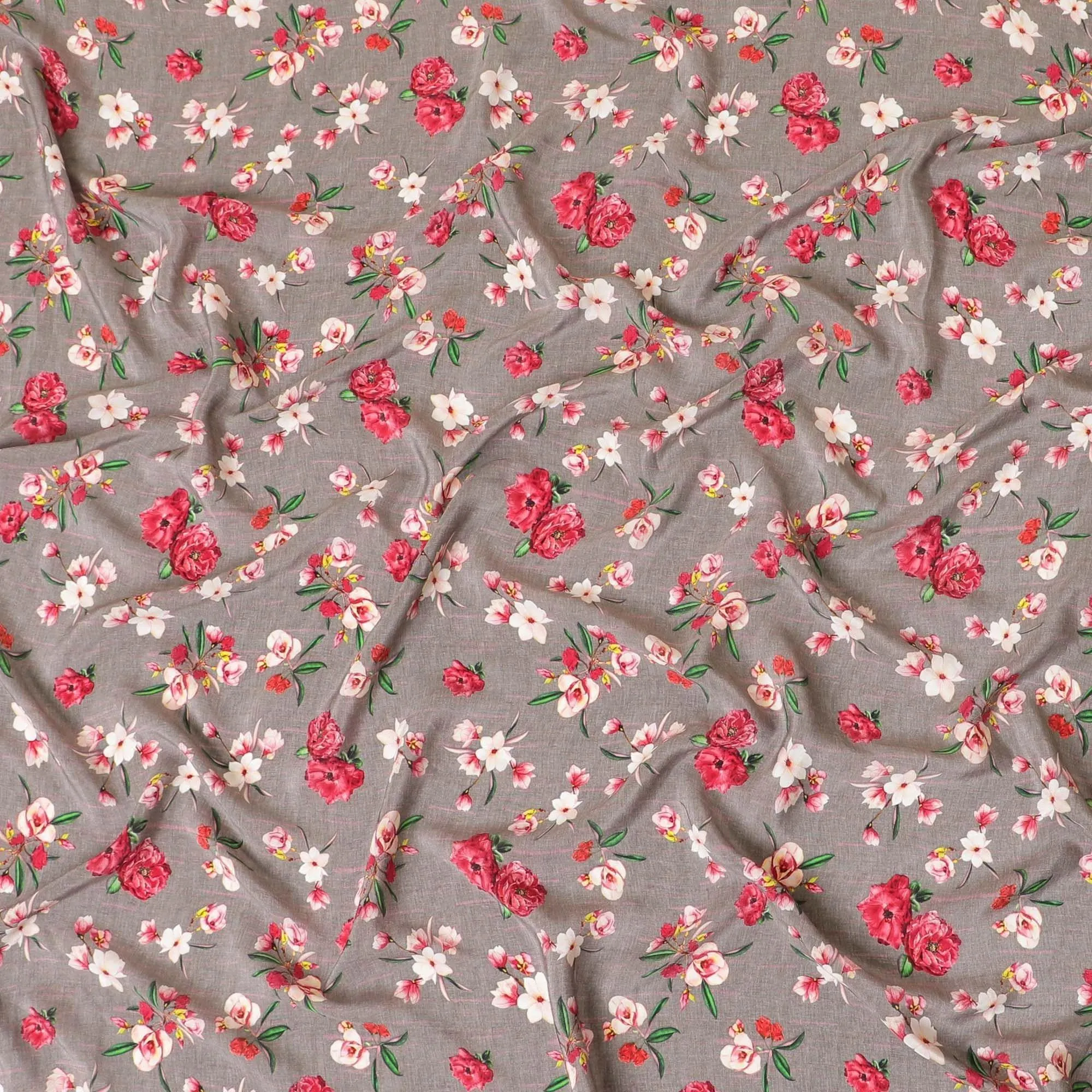 Liver brown premium pure silk crepe fabric with ruby pink, beige and forest green print in floral design-D9394