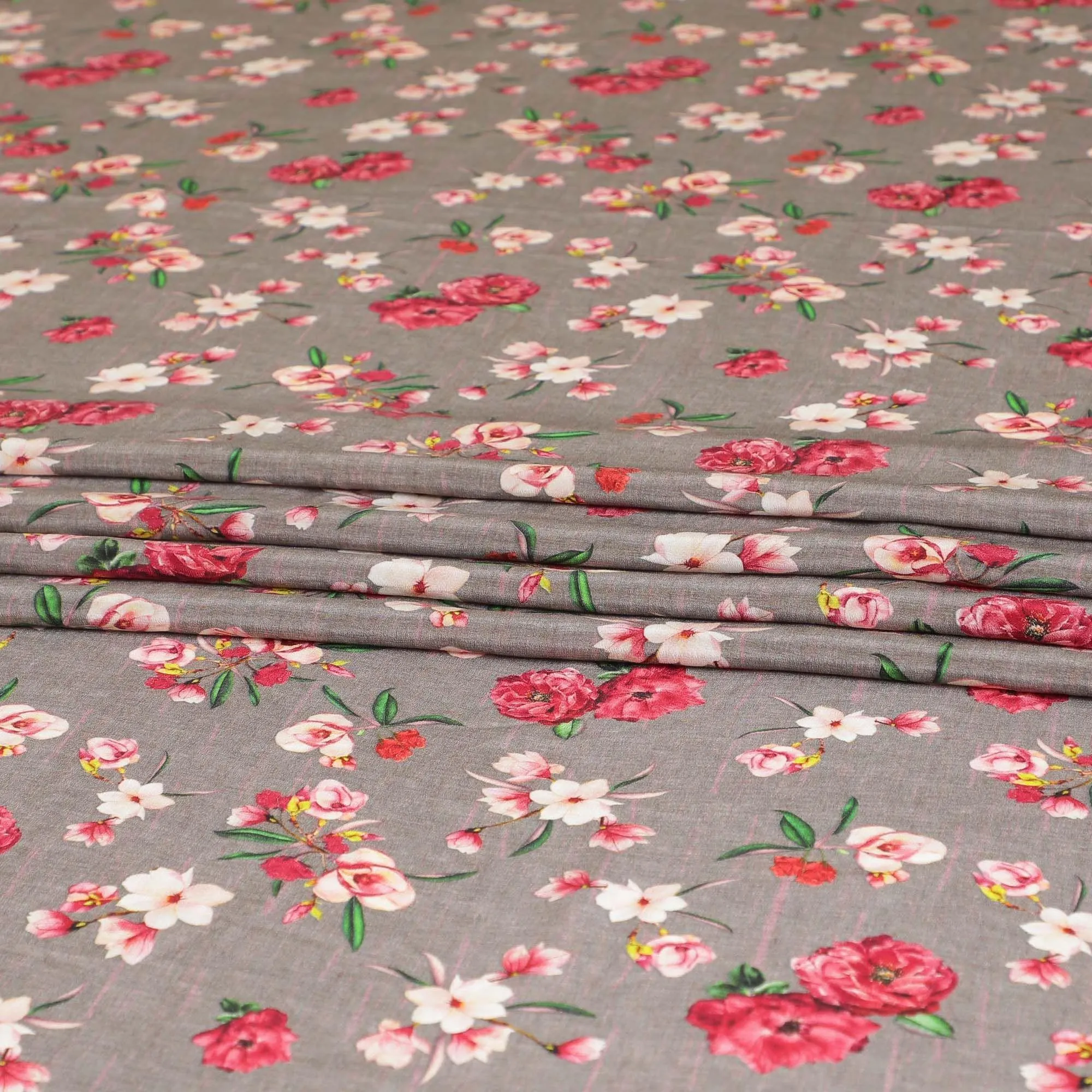 Liver brown premium pure silk crepe fabric with ruby pink, beige and forest green print in floral design-D9394