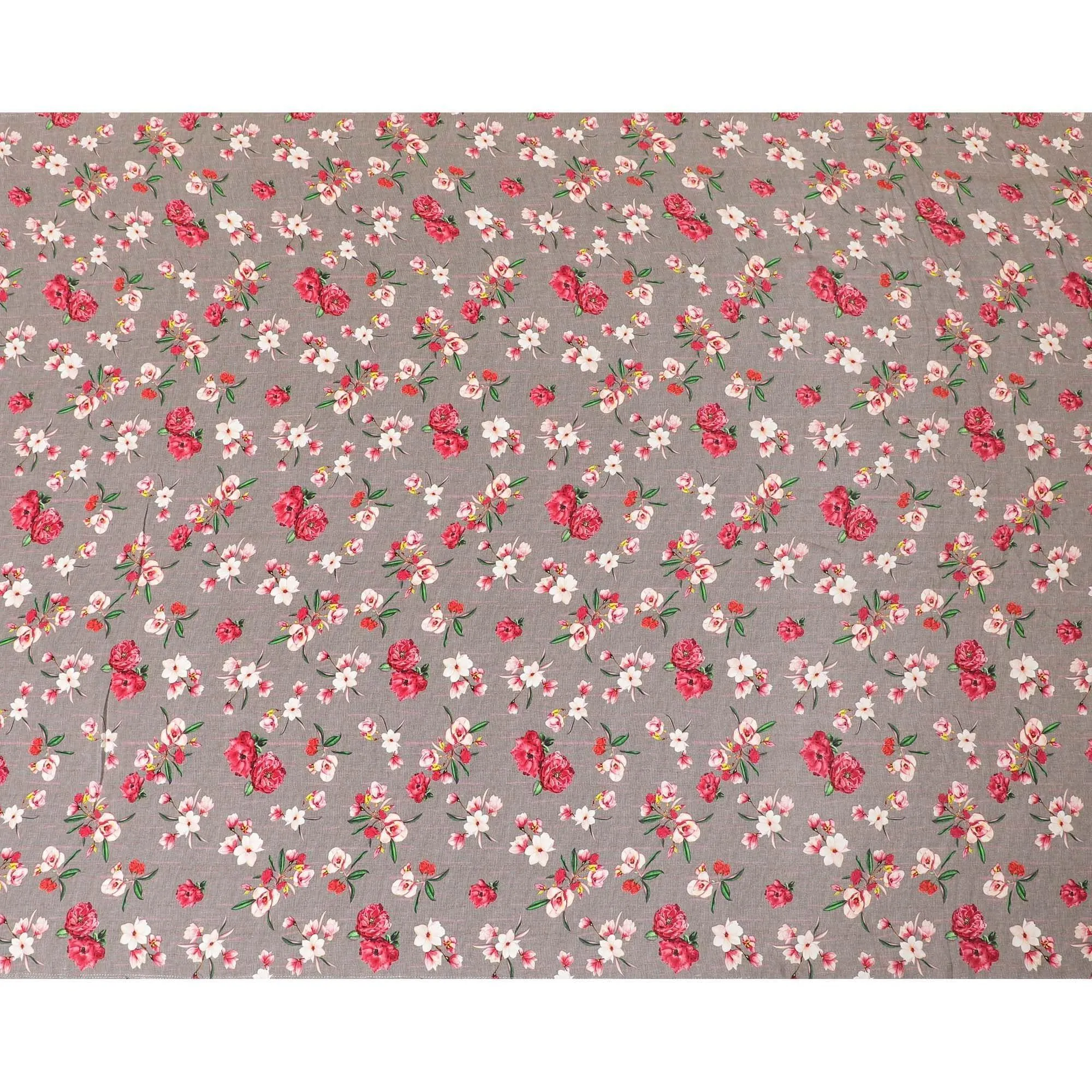 Liver brown premium pure silk crepe fabric with ruby pink, beige and forest green print in floral design-D9394