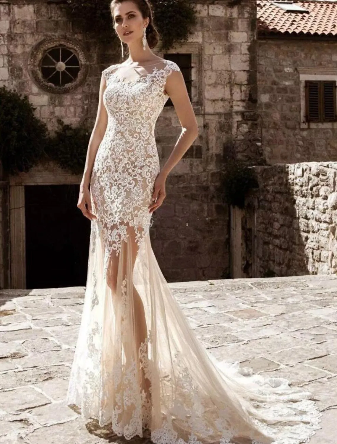 Luolandi Engagement Formal Wedding Dresses Mermaid / Trumpet Illusion Neck Cap Sleeve Court Train Lace Bridal Gowns