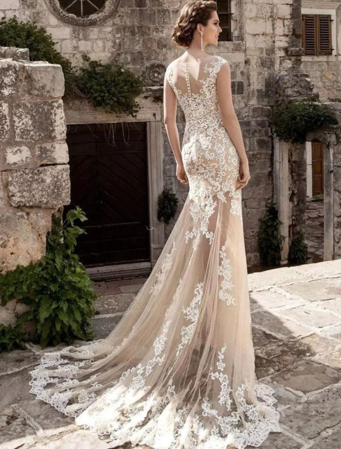 Luolandi Engagement Formal Wedding Dresses Mermaid / Trumpet Illusion Neck Cap Sleeve Court Train Lace Bridal Gowns