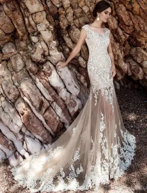 Luolandi Engagement Formal Wedding Dresses Mermaid / Trumpet Illusion Neck Cap Sleeve Court Train Lace Bridal Gowns