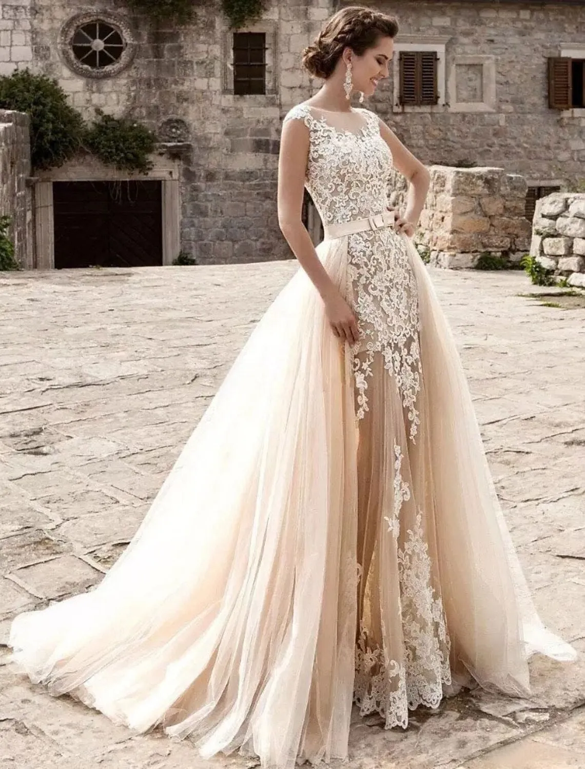 Luolandi Engagement Formal Wedding Dresses Mermaid / Trumpet Illusion Neck Cap Sleeve Court Train Lace Bridal Gowns