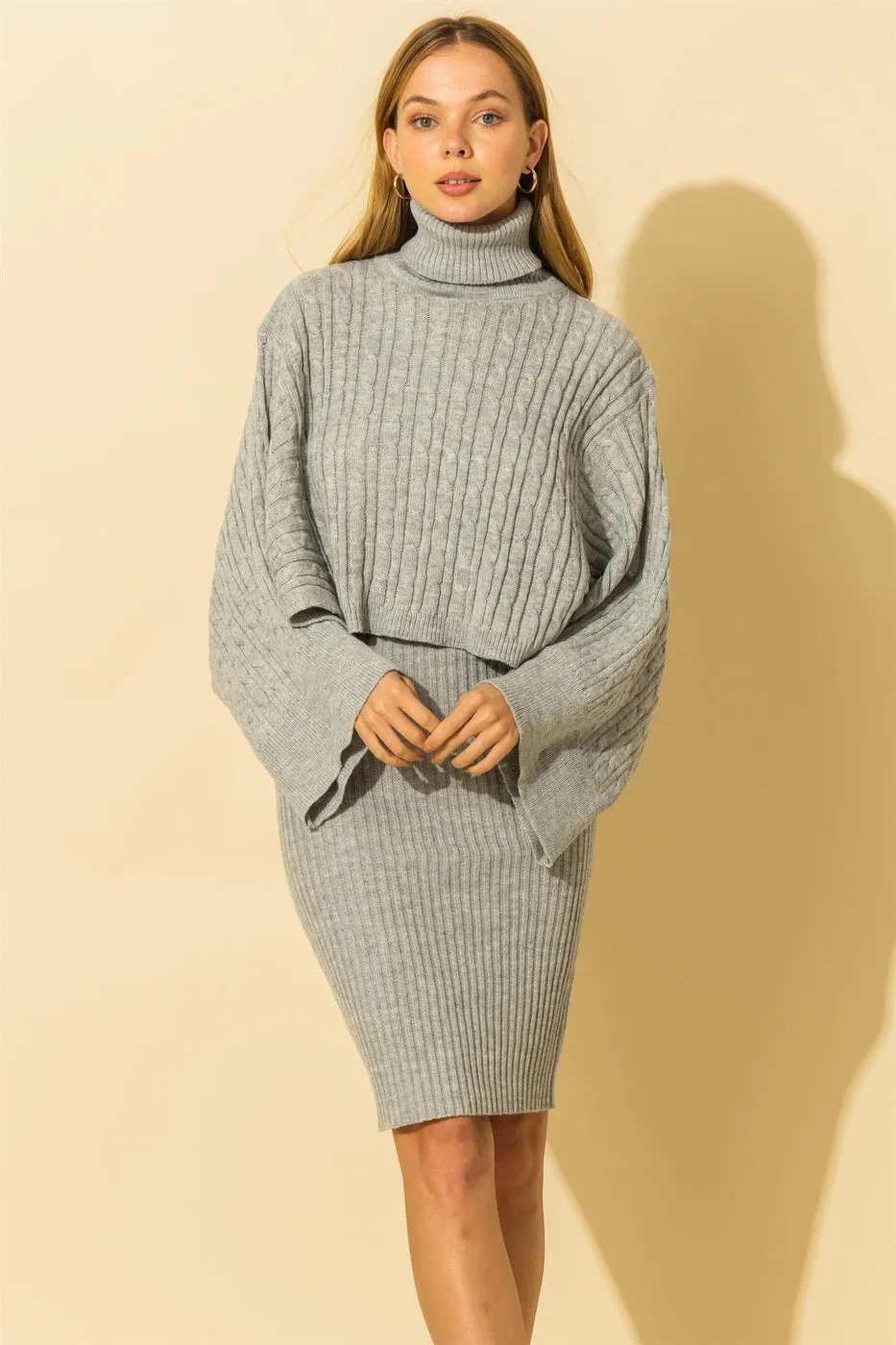 MB FASHION Cable-Knit Turtleneck Sweater and Ribbed Midi Dress Set 6273 LAST S