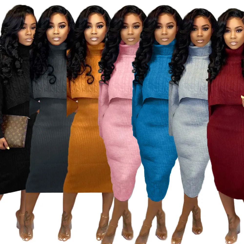MB FASHION Cable-Knit Turtleneck Sweater and Ribbed Midi Dress Set 6273 LAST S