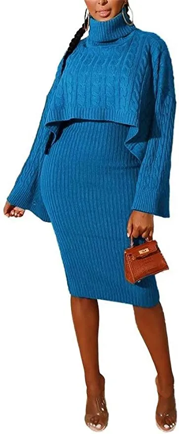 MB FASHION Cable-Knit Turtleneck Sweater and Ribbed Midi Dress Set 6273 LAST S