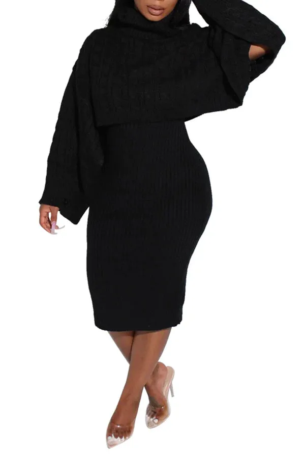 MB FASHION Cable-Knit Turtleneck Sweater and Ribbed Midi Dress Set 6273 LAST S