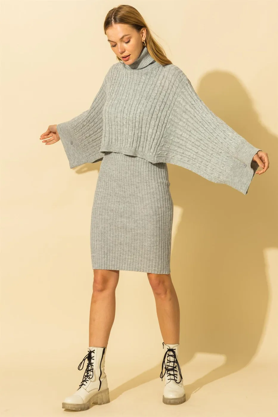 MB FASHION Cable-Knit Turtleneck Sweater and Ribbed Midi Dress Set 6273 LAST S