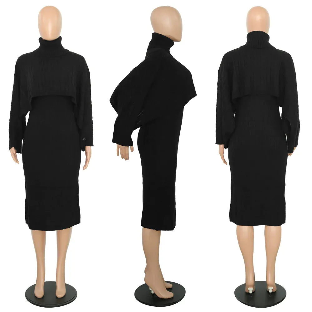 MB FASHION Cable-Knit Turtleneck Sweater and Ribbed Midi Dress Set 6273 LAST S
