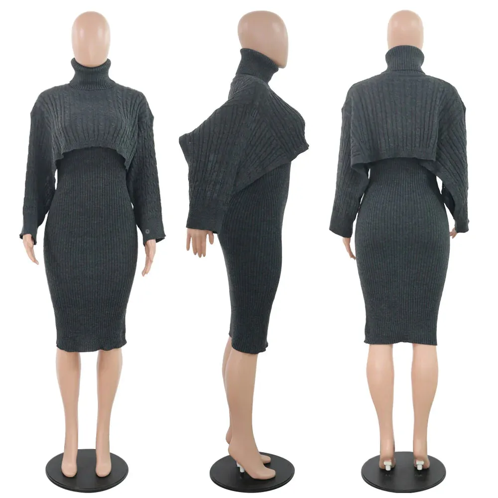 MB FASHION Cable-Knit Turtleneck Sweater and Ribbed Midi Dress Set 6273 LAST S