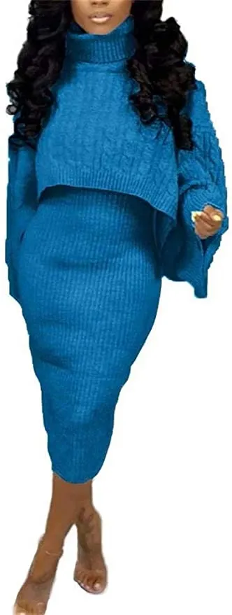MB FASHION Cable-Knit Turtleneck Sweater and Ribbed Midi Dress Set 6273 LAST S