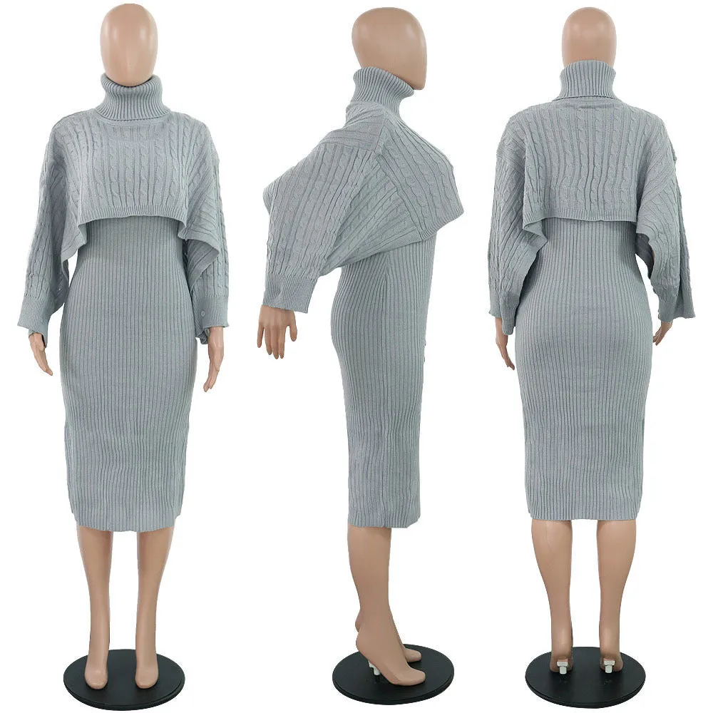 MB FASHION Cable-Knit Turtleneck Sweater and Ribbed Midi Dress Set 6273 LAST S