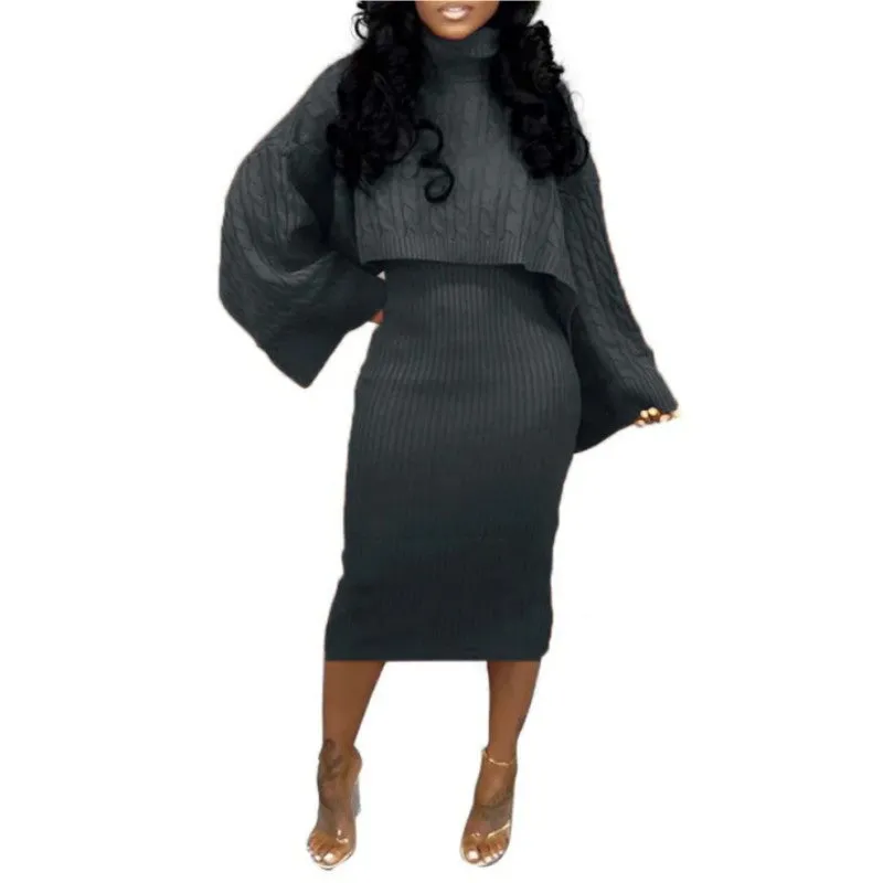 MB FASHION Cable-Knit Turtleneck Sweater and Ribbed Midi Dress Set 6273 LAST S