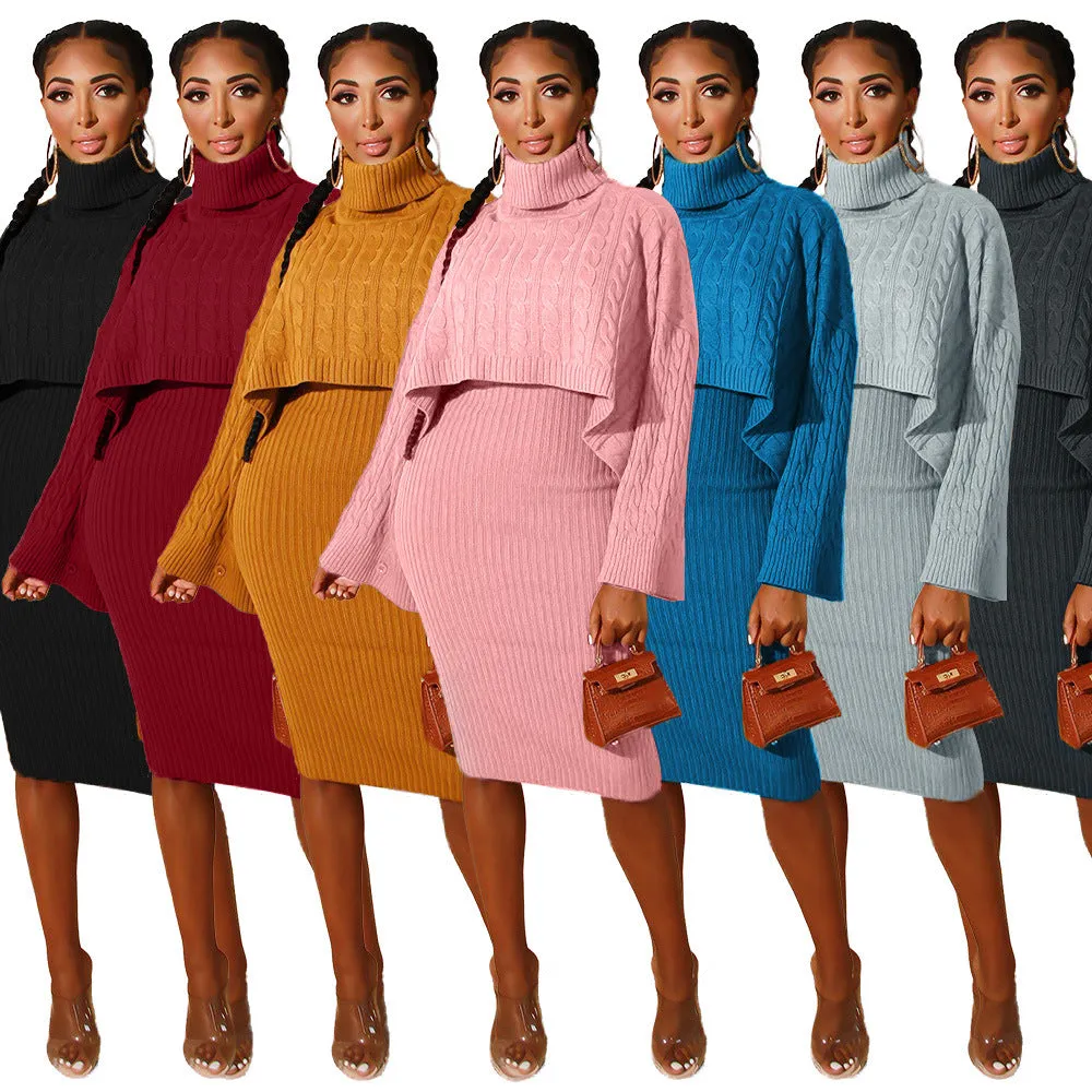 MB FASHION Cable-Knit Turtleneck Sweater and Ribbed Midi Dress Set 6273 LAST S