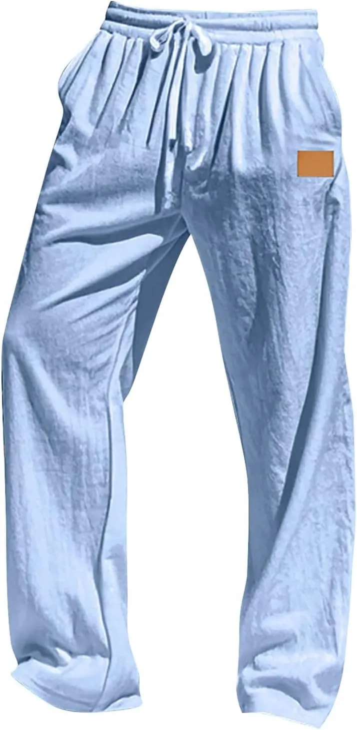 Mens Linen Pants 2025 Summer Loose Fit Work Elastic-Waisted Trendy Pants Travel Relax Fit Comfort Basic Outfits