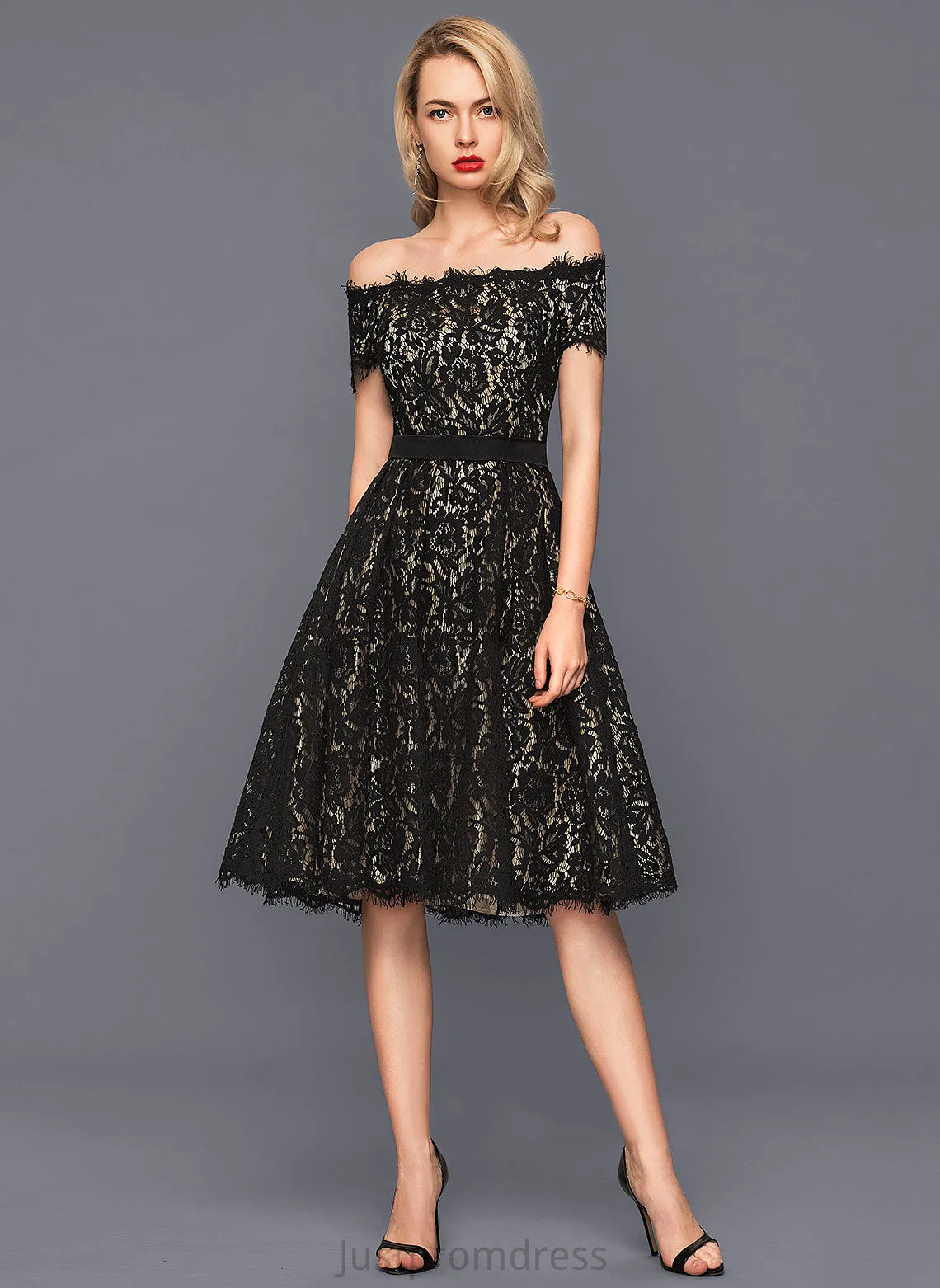 Mikaela Off-the-Shoulder A-Line Charmeuse Knee-Length Lace Dress Cocktail Cocktail Dresses
