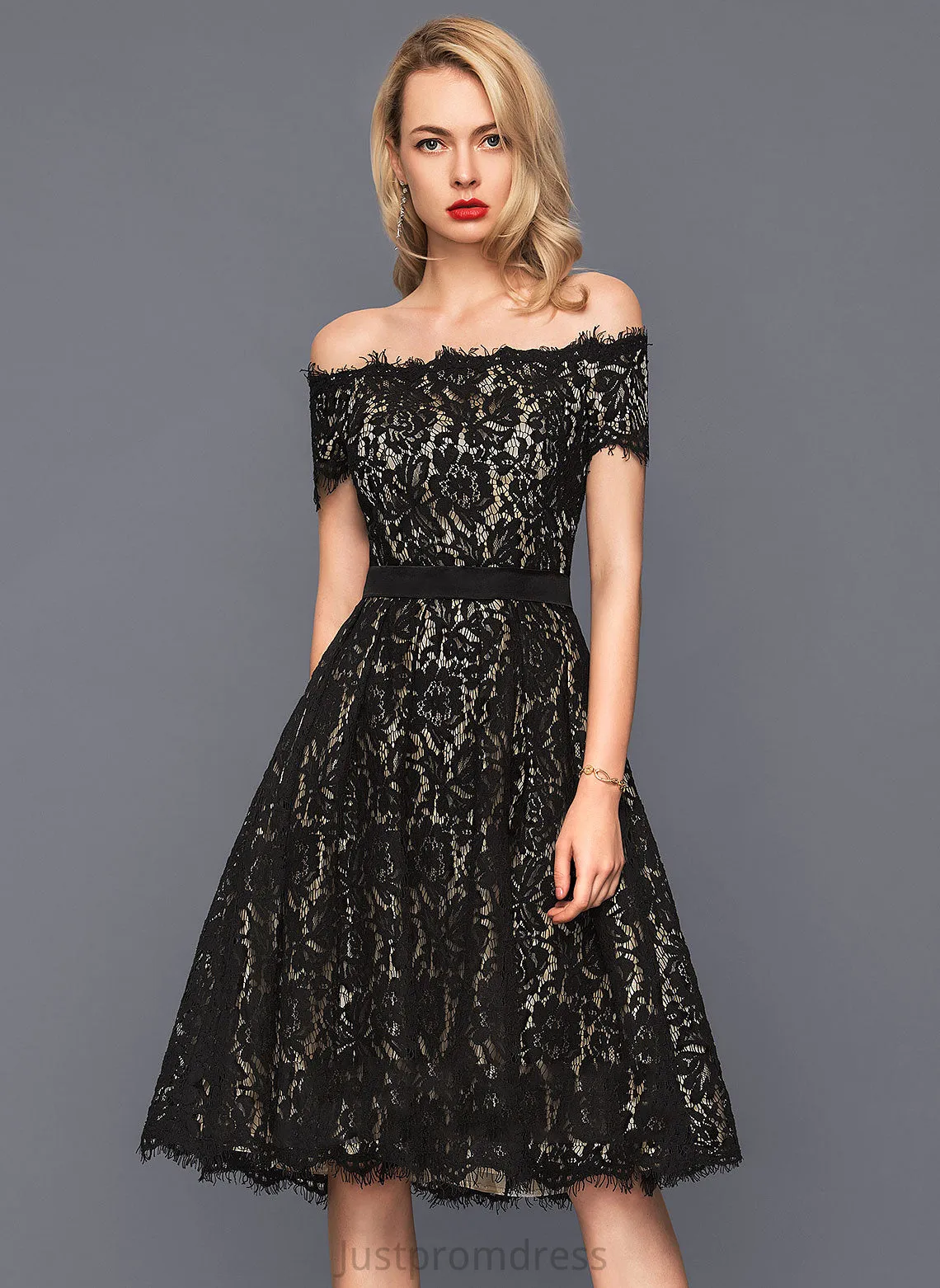 Mikaela Off-the-Shoulder A-Line Charmeuse Knee-Length Lace Dress Cocktail Cocktail Dresses