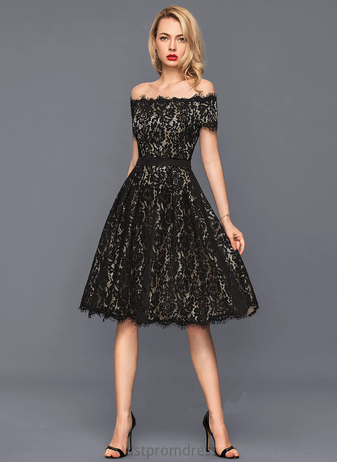 Mikaela Off-the-Shoulder A-Line Charmeuse Knee-Length Lace Dress Cocktail Cocktail Dresses