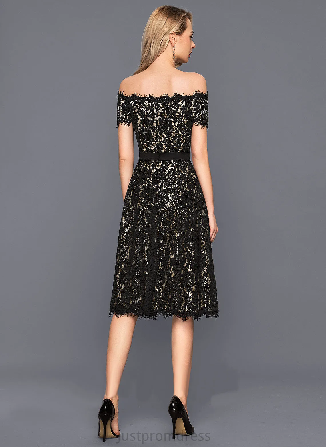 Mikaela Off-the-Shoulder A-Line Charmeuse Knee-Length Lace Dress Cocktail Cocktail Dresses