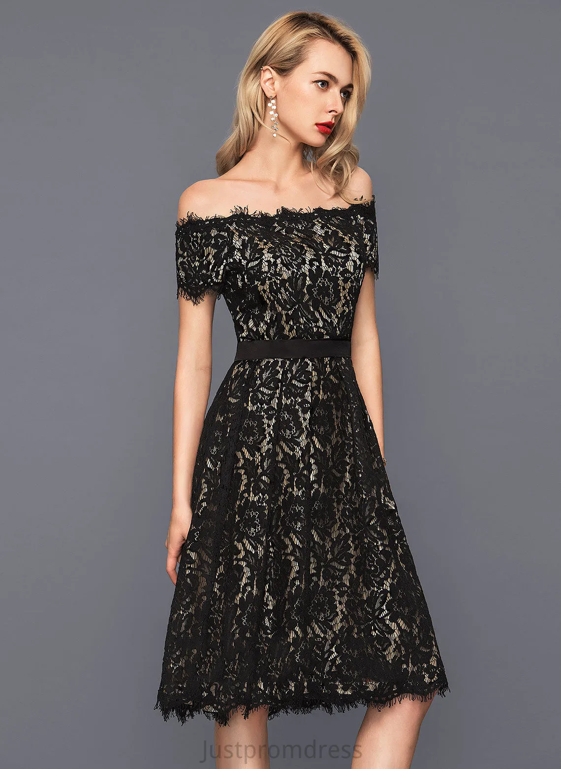 Mikaela Off-the-Shoulder A-Line Charmeuse Knee-Length Lace Dress Cocktail Cocktail Dresses