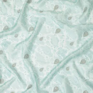 Mint Blue Synthetic Viscose Fabric with Silver Paisley and Stone Work, 110 cm Width-D20577