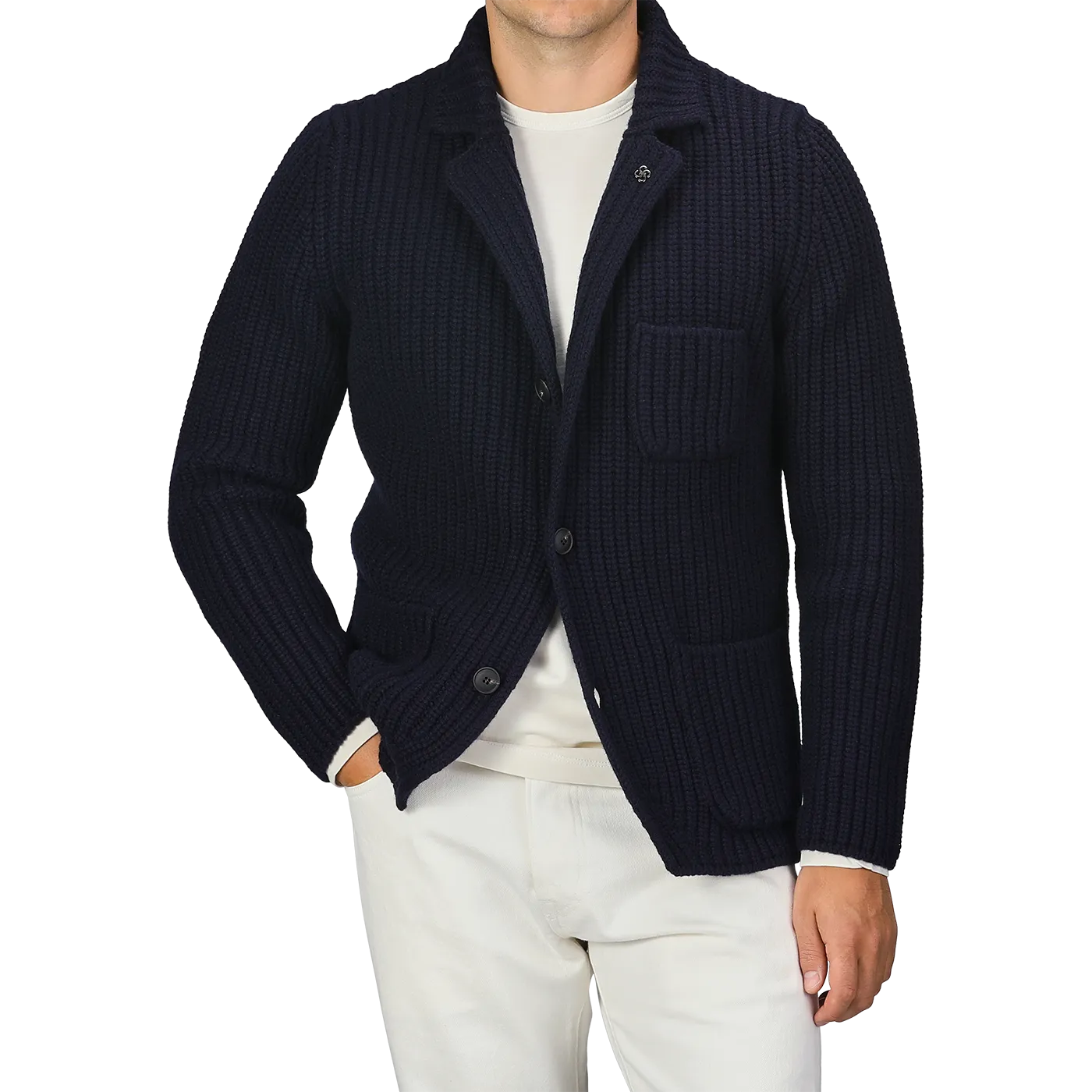 Navy Blue Chunky Knitted Wool Cardigan
