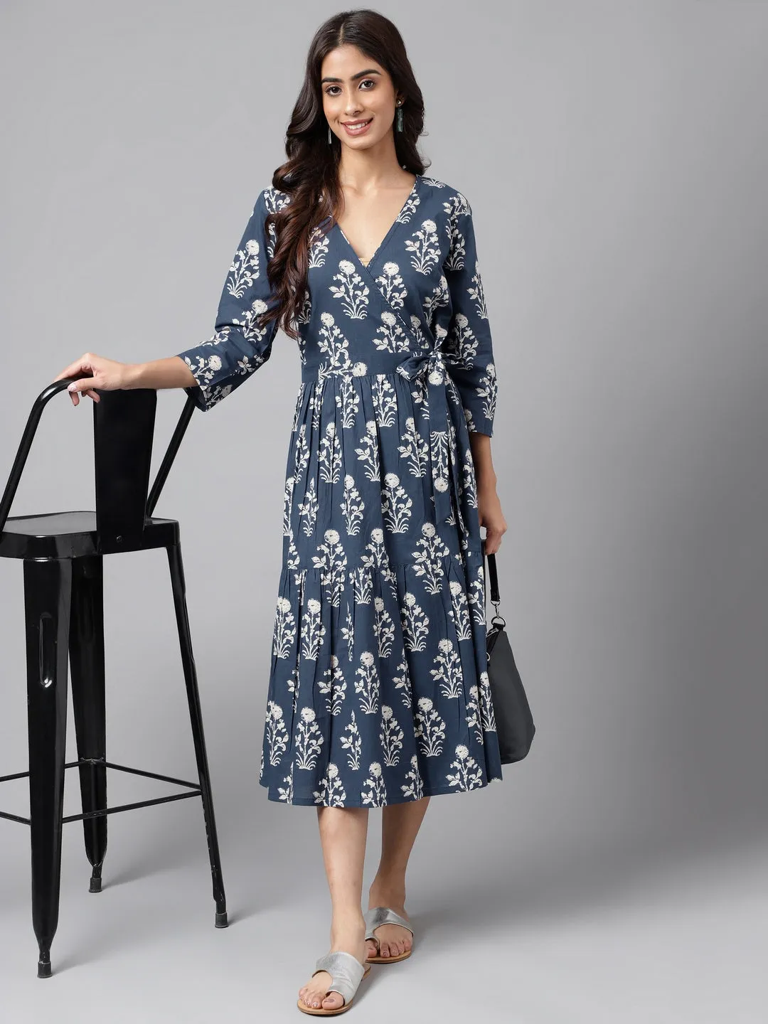 Navy Blue Cotton Floral Printed Casual Wrap Dress