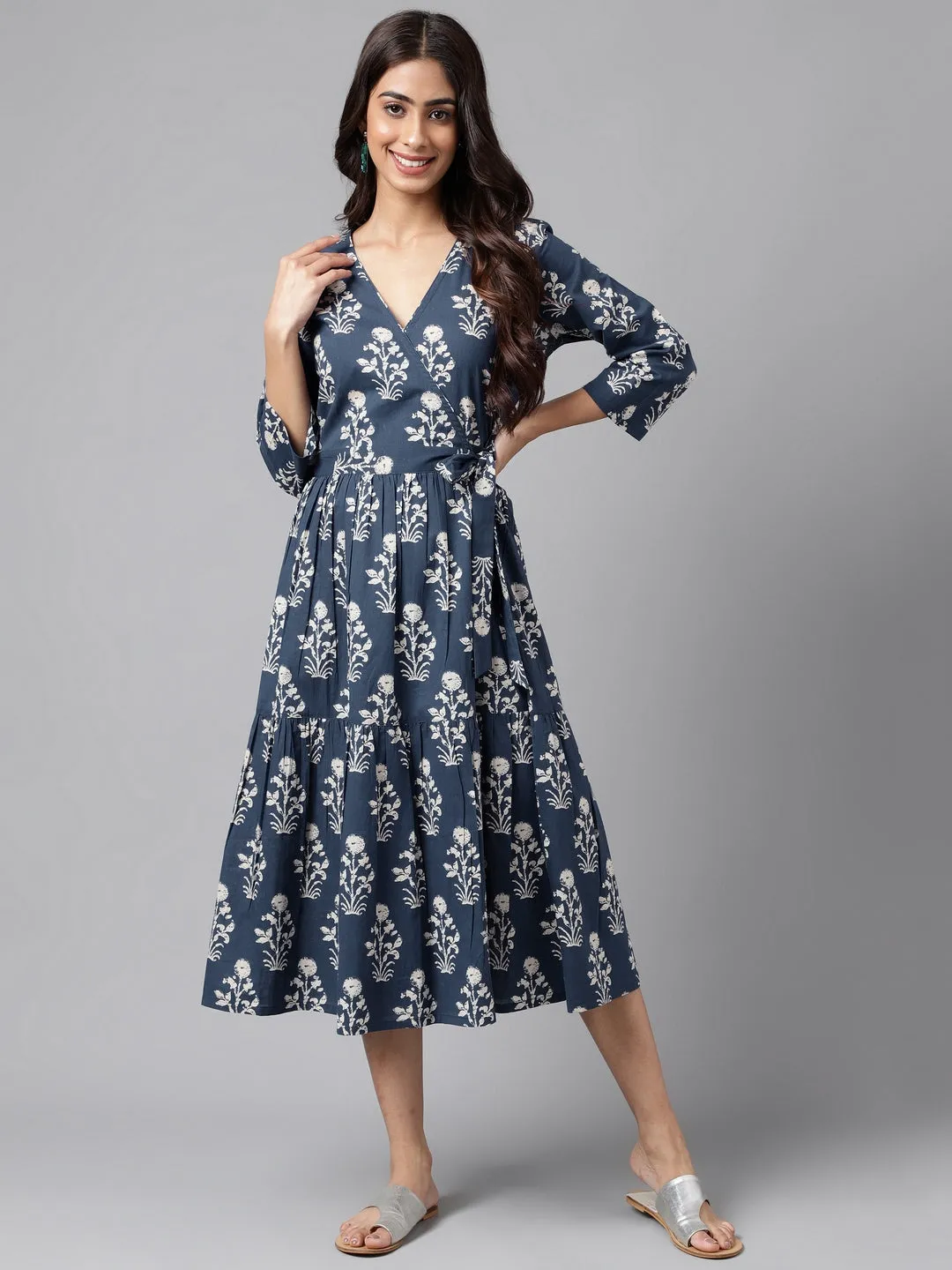 Navy Blue Cotton Floral Printed Casual Wrap Dress