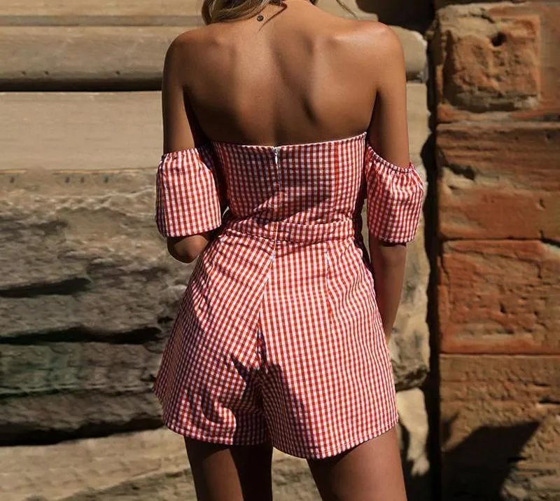 Off shoulder Plaid Jumpsuit Romper Women Sexy Backless Bow High Waist Playsuit