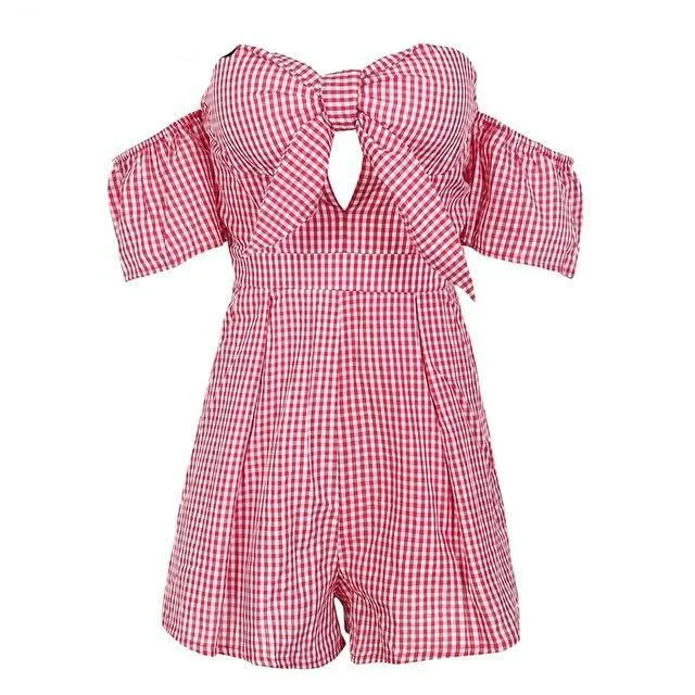 Off shoulder Plaid Jumpsuit Romper Women Sexy Backless Bow High Waist Playsuit