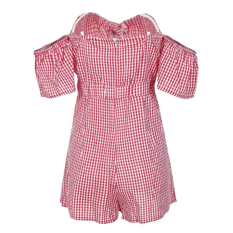 Off shoulder Plaid Jumpsuit Romper Women Sexy Backless Bow High Waist Playsuit