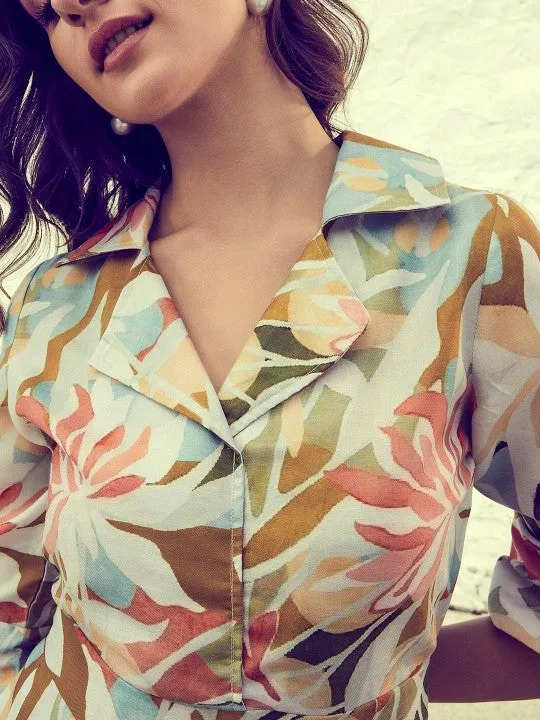 Off White & Teal Printed Jumpsuit