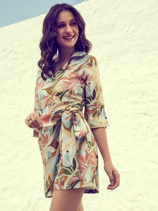 Off White & Teal Printed Jumpsuit