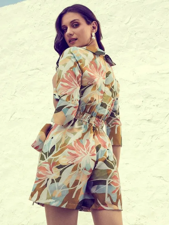 Off White & Teal Printed Jumpsuit