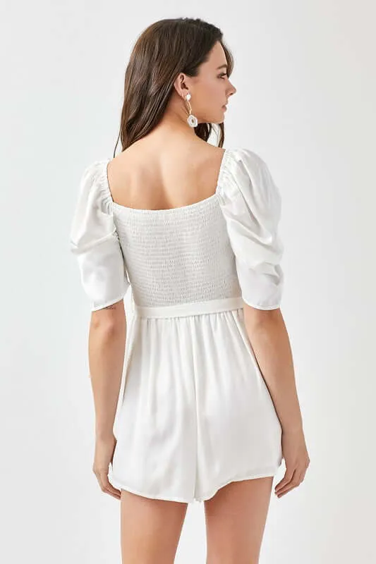 Off White Pleated Puff Sleeve Overwrap Romper