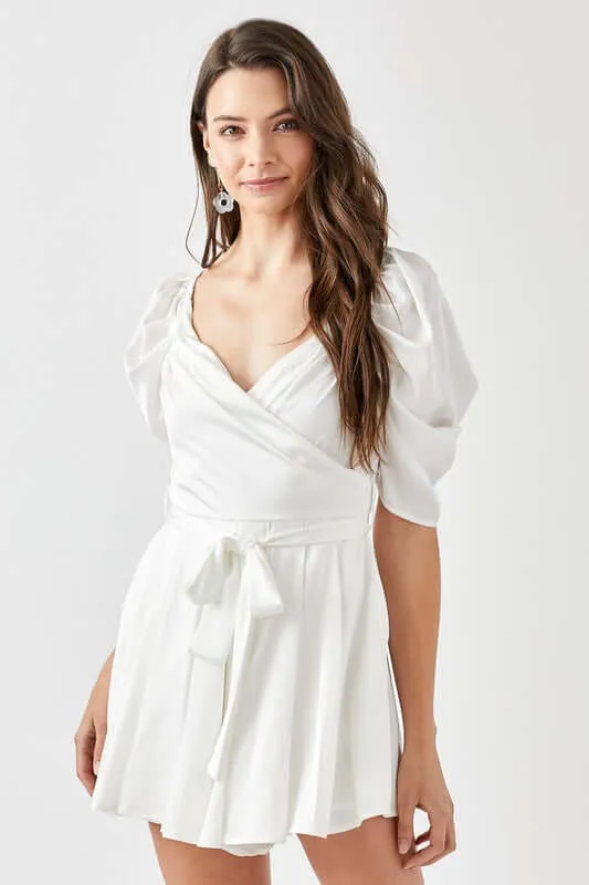 Off White Pleated Puff Sleeve Overwrap Romper