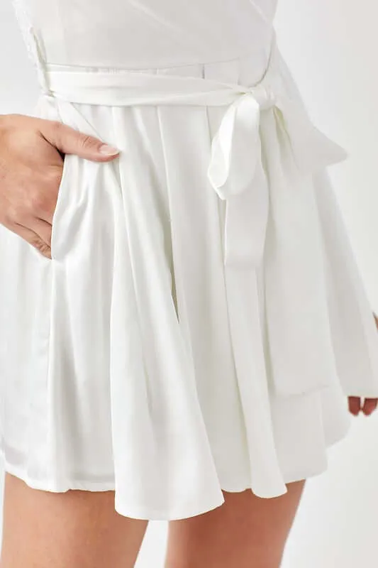 Off White Pleated Puff Sleeve Overwrap Romper