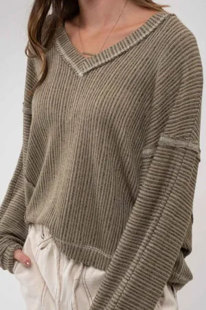 Olive Drop Shoulder V Neck Top