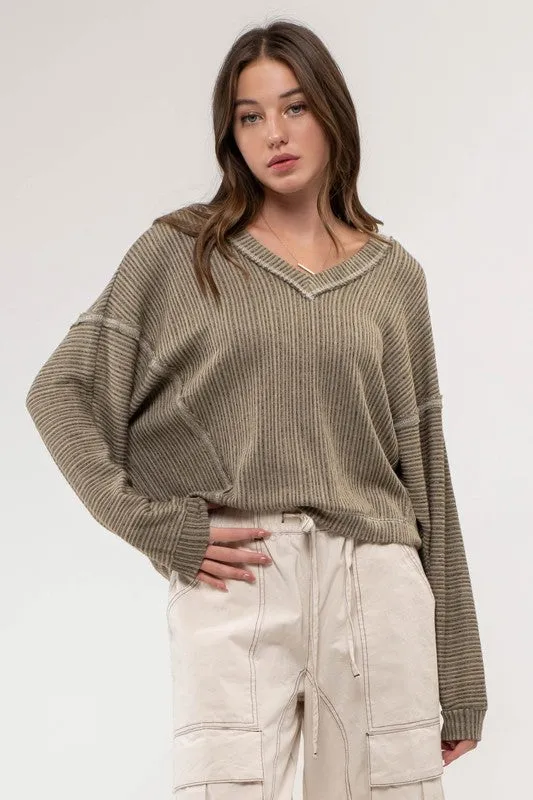 Olive Drop Shoulder V Neck Top