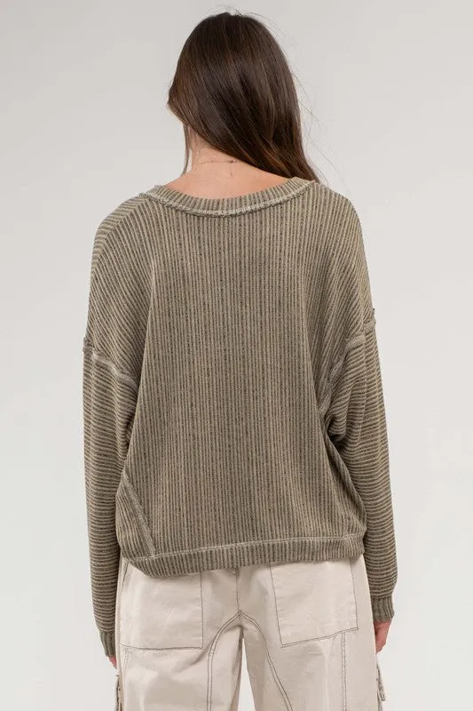 Olive Drop Shoulder V Neck Top