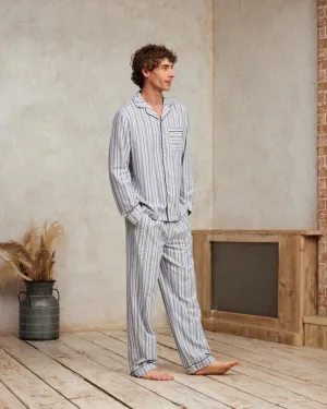 Organic Cotton Brushed Stripe Long Pyjama Set - Blue & White