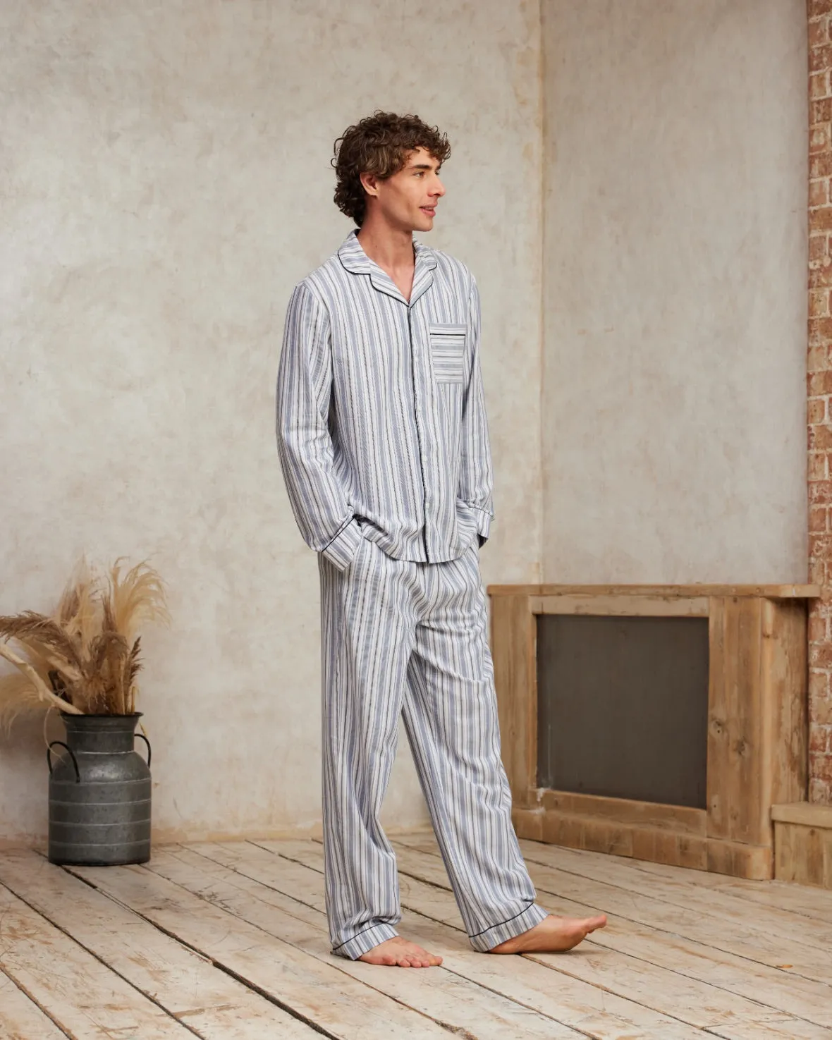 Organic Cotton Brushed Stripe Long Pyjama Set - Blue & White