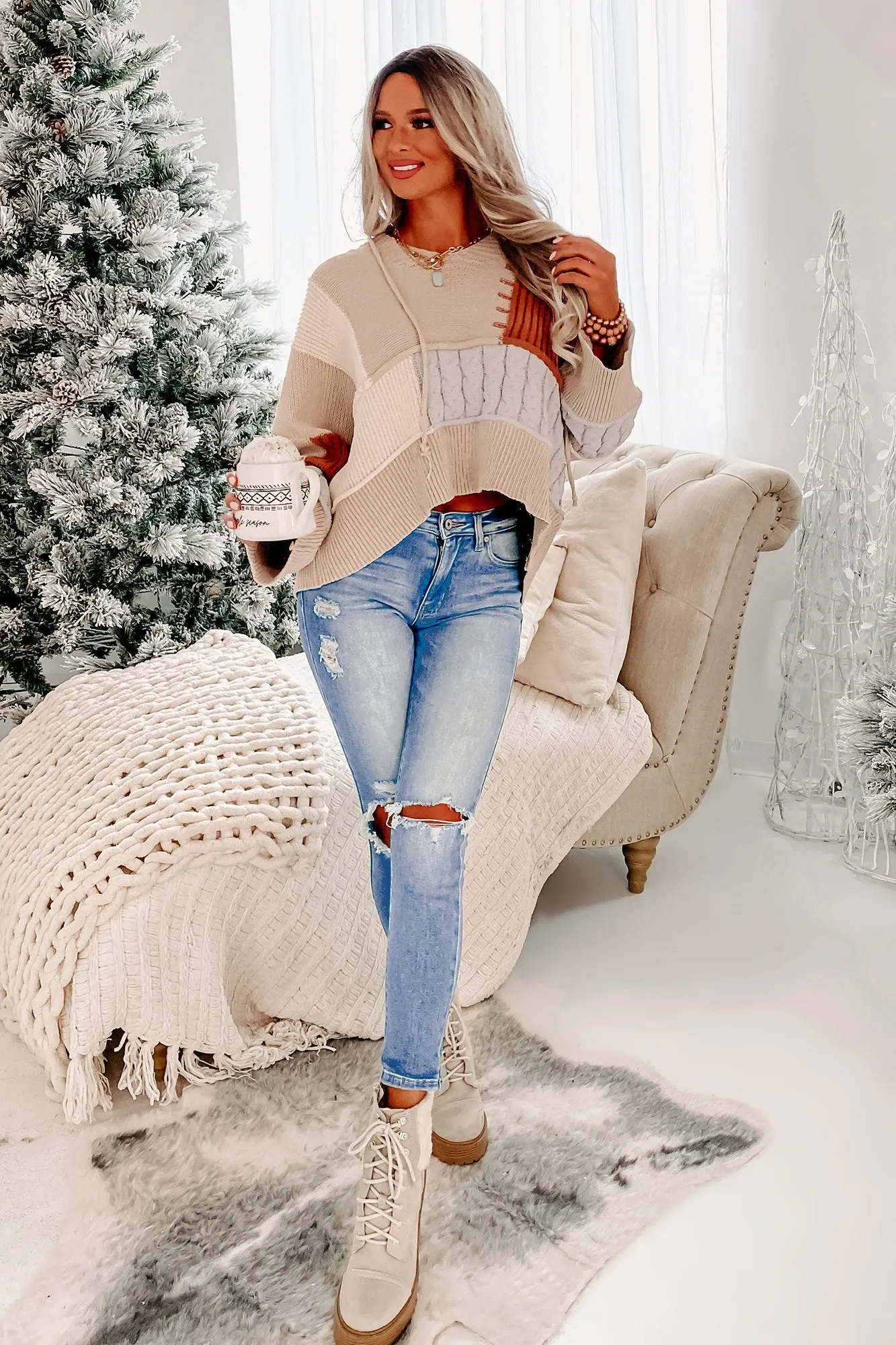 Patch Things Up Knit Color-Block Hoodie (Toffee Multi)