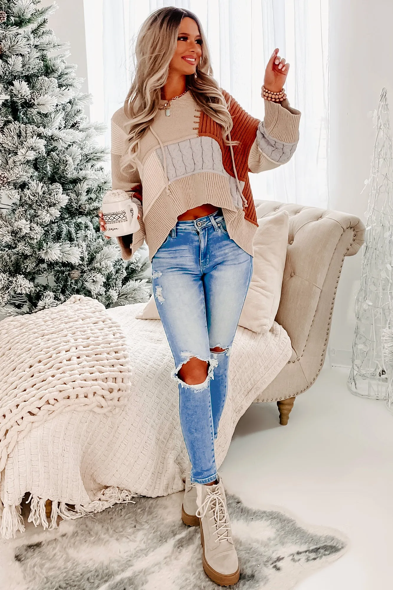 Patch Things Up Knit Color-Block Hoodie (Toffee Multi)