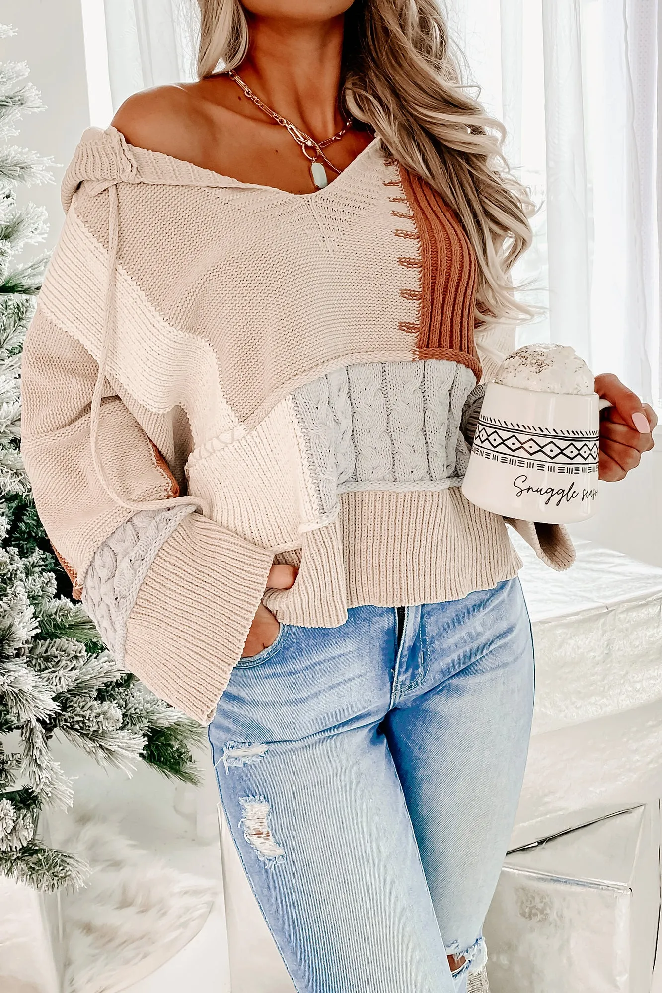 Patch Things Up Knit Color-Block Hoodie (Toffee Multi)