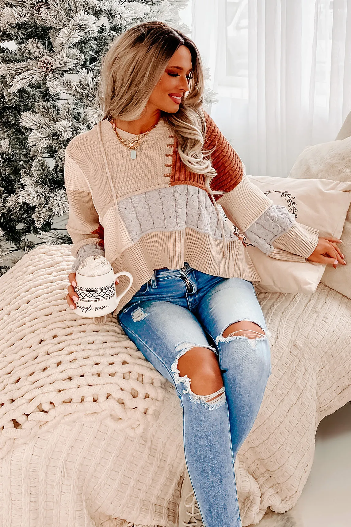 Patch Things Up Knit Color-Block Hoodie (Toffee Multi)