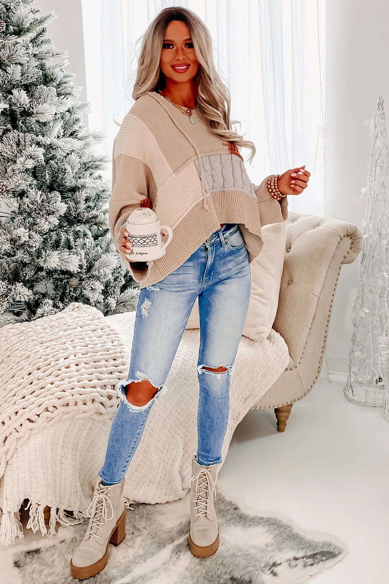 Patch Things Up Knit Color-Block Hoodie (Toffee Multi)